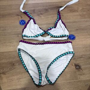 Swimsuits For All White Crochet Trim Bikini Set Purple Teal 65-1683-5 Size 6